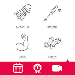Achievement and video cam signs. Fitness sport, biceps and baseball icons. Badminton linear sign. Calendar icon. Vector
