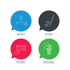 Colored speech bubbles. Football, ice hockey and basketball icons. Vacancy linear sign. Flat web buttons with linear icons. Vector