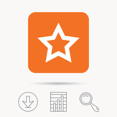 Star icon. Favorite or best sign. Web ranking symbol. Report chart, download and magnifier search signs. Orange square button with web icon. Vector