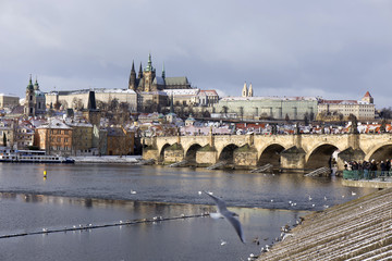 Snowy freeze Prague Lesser Town with gothic Castle and Charles Bridge, Czech republic