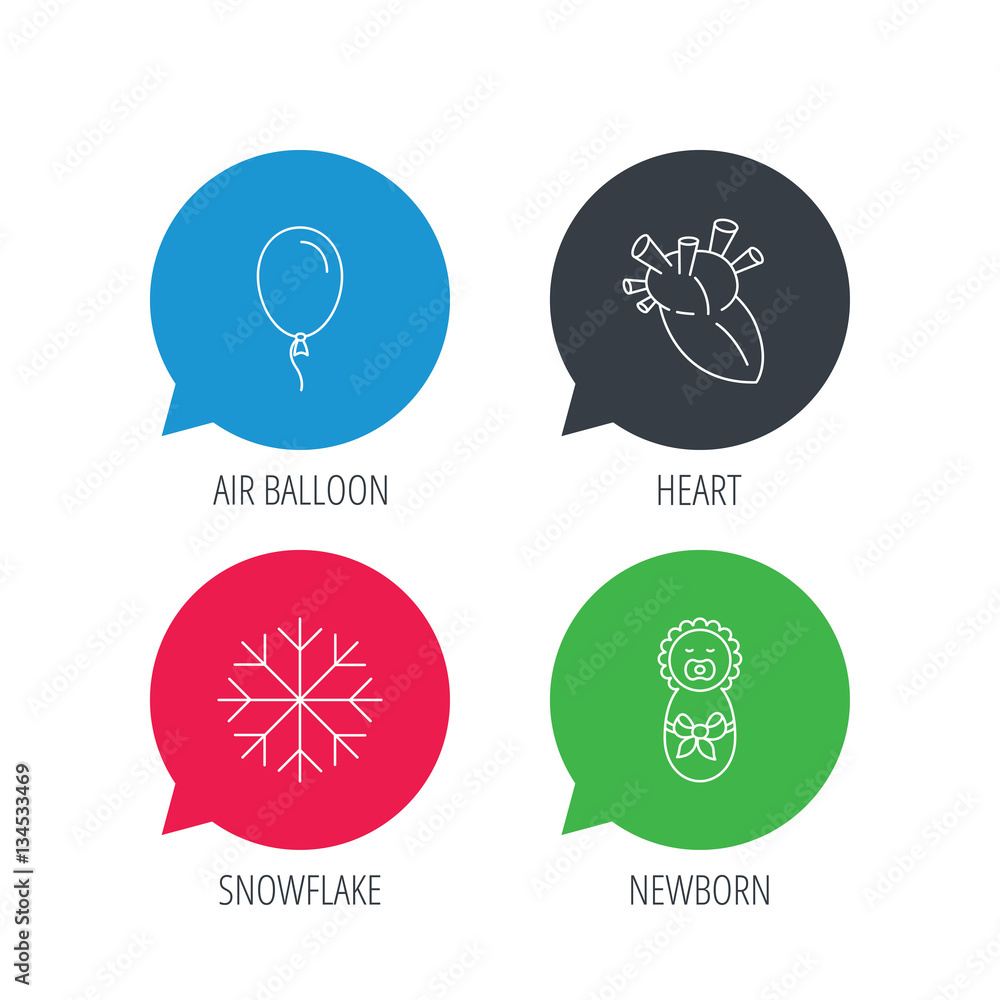 Poster colored speech bubbles. newborn, heart and air balloon icons. snowflake linear sign. flat web button