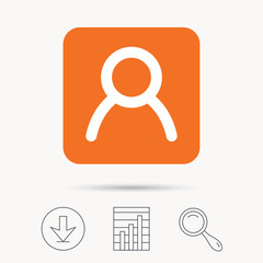 User icon. Human person symbol. Avatar login sign. Report chart, download and magnifier search signs. Orange square button with web icon. Vector