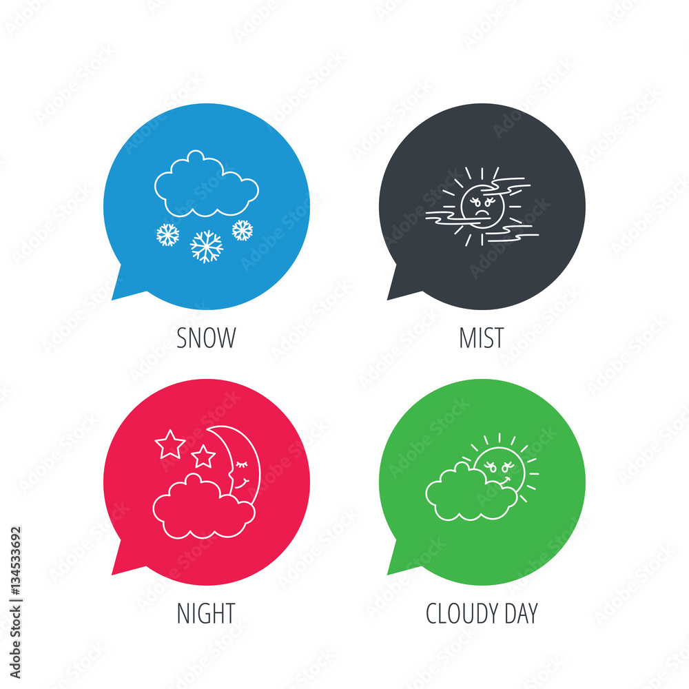 Poster Colored speech bubbles. Weather, mist and snow icons. Moon night, clouds linear signs. Flat web buttons with linear icons. Vector