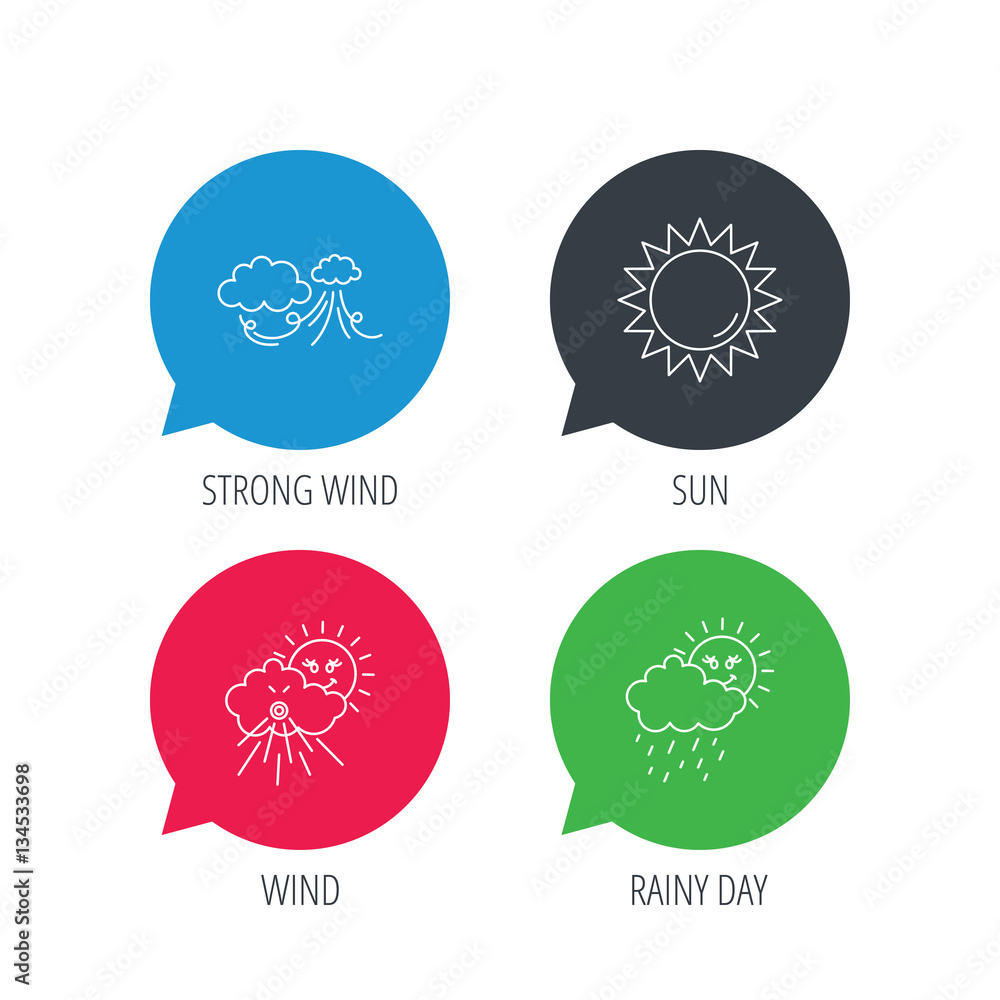 Poster colored speech bubbles. weather, strong wind and rainy day icons. sun linear sign. flat web buttons 