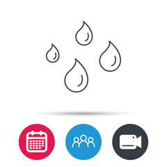 Water drops icon. Rain or washing sign. Rainy day symbol. Group of people, video cam and calendar icons. Vector