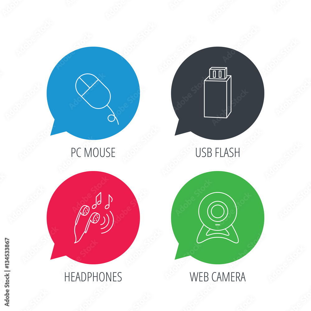 Poster colored speech bubbles. web camera, usb flash and pc mouse icons. headphones linear sign. flat web b