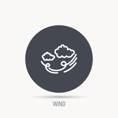 Wind icon. Cloud with storm sign. Strong wind or tempest symbol. Round web button with flat icon. Vector