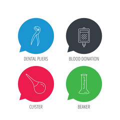 Colored speech bubbles. Beaker, blood and dental pliers icons. Clyster linear sign. Flat web buttons with linear icons. Vector
