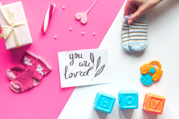 Obraz premium birth child baby shower concept boy or girl top view