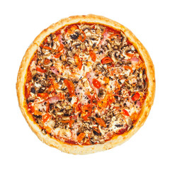 Fragment of delicious classic italian Pizza Carbonara with ham, tomatoes, mushrooms and cheese