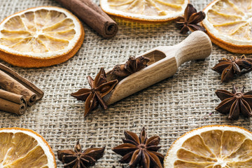 star anise on wooden scoop with dried lemon slices and cinnamon on canvas
