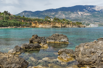 Fototapeta na wymiar Panoramic view of Kamina beach in Kefalonia, Ionian Islands, Greece