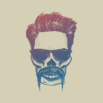 Hipster skull with sunglasses, hipster hair and mustache