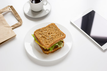 concept of lunch in officeat work top view