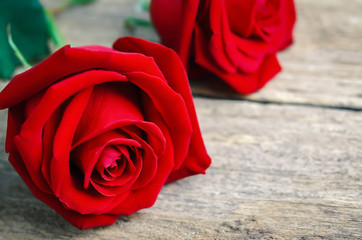 Close up of red rose flowers on old wooden background with vinta