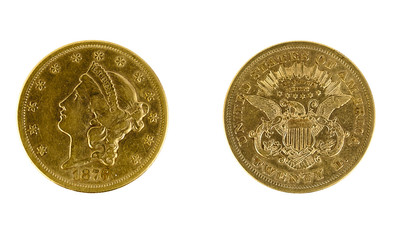 1876 heads and tails twenty dollar gold coin. Isolated.