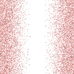 Pink golden glitter made of hearts. Scattered frame on white valentine background. Vector illustration.