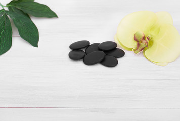 Beautiful composition of spa treatment on wooden table