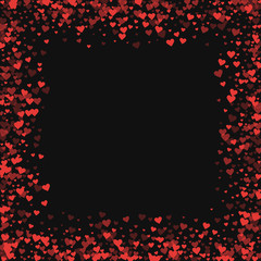 Red hearts confetti. Chaotic border on black valentine background. Vector illustration.