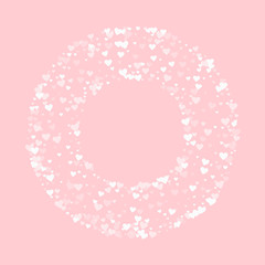 White hearts confetti. Round bagel frame on pale_pink valentine background. Vector illustration.