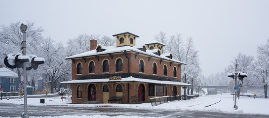 Historic Galena Illinois Train Depot in Snow