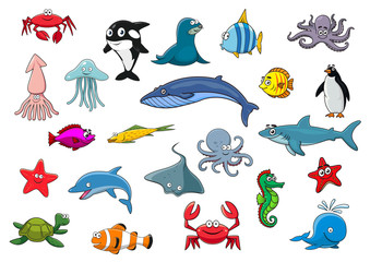 Naklejka premium Cartoon sea fish and ocean animals vector icons