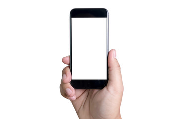 Isolated female hand holding a phone with white screen