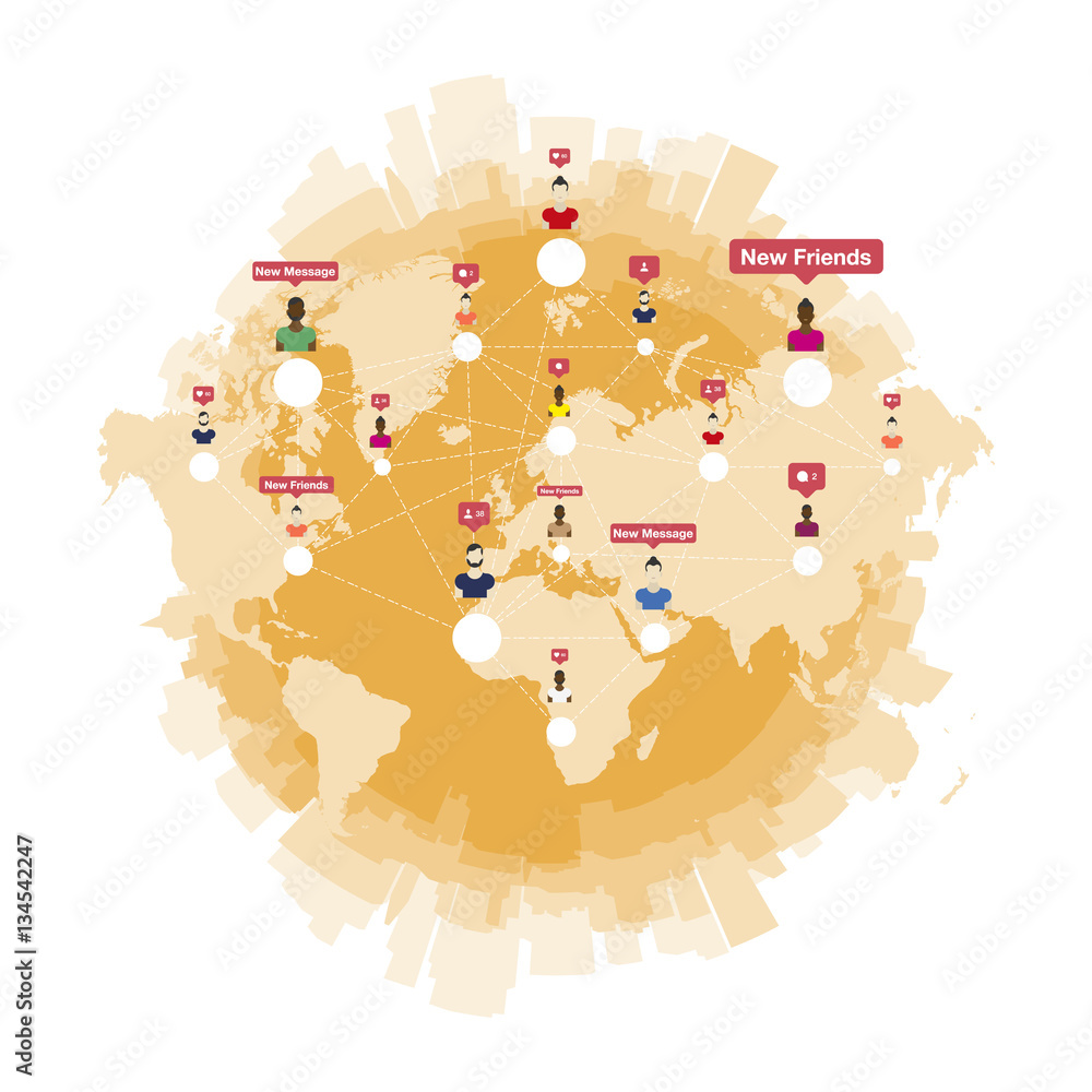 Poster global social network and teamwork. concept on a background map of the world and the city skyline. f