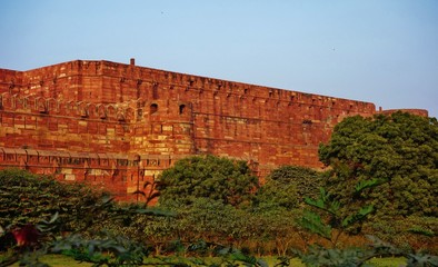The red brick Agra Fort near the Taj Mahal in Agra, India