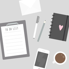 Things on the table. To do list, mobile phone, planner, stationery. Vector illustration