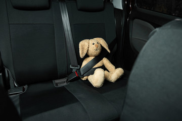 Fastened toy bunny sitting on car seat