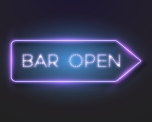 Illustration of Realistic Vector Neon Frame. Vintage Glowing Vector Neon Sign. Bar Open Neon Frame