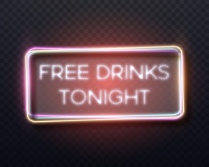 Illustration of Realistic Vector Neon Frame Icon. Free Drinks Tonight Bar Glowing Neon Sign. Retro Neon Vector Restaurant Advertising