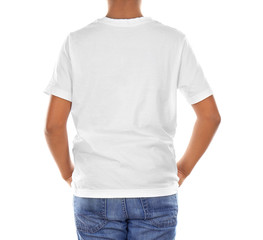 Obraz premium Young African American boy in blank white t-shirt standing on white background