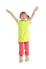 Cute funny girl jumping on white background
