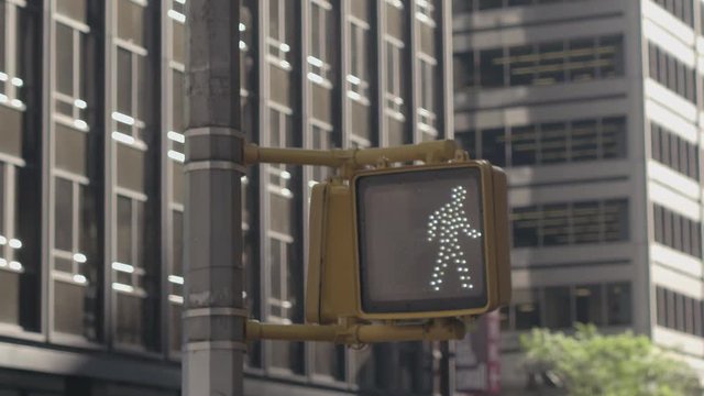 CLOSE UP: Pedestrian crossing light turning from red hand to walking man sign