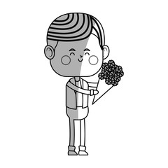 kawaii boy with flowers bouquet over white background. vector illustration