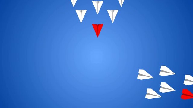 Seamless cartoon animation of paper airplane flying in group with red urgent plane as leader. In mail, social media, internet or telecommunication delivery system concept in 4k loop.