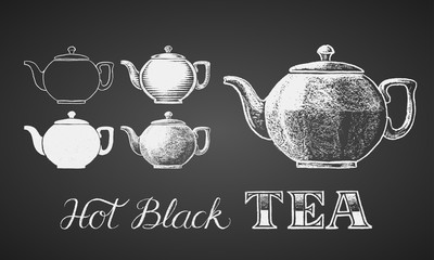 Set of teapots drawn on chalkboard © polygraphus