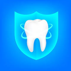 Tooth with shield icon design.Dental care concept,  Illustration on blue background.