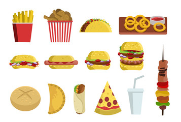 fast food burger sandwich pizza taco onion rings kebab hot dog chicken wings shawarma bread empanada pie soda abd french fries