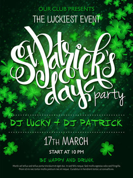 Vector st Patricks day party poster with lettering, clover leaf and branches
