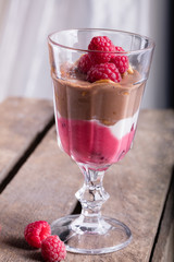 Glass of chocolate and rapsberry dessert