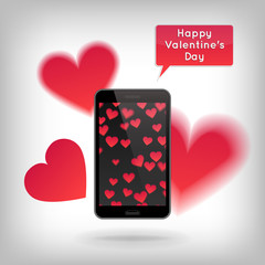 Happy Valentines Day. Vector illustration with smart phone and hearts. Red heart pattern on screen of telephone. Romantic symbol of love. Design for poster, card or print.