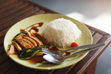 Rice, roast pork on green dish