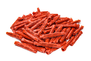 Universal 6 mm diameter plastic red anchors on a white background