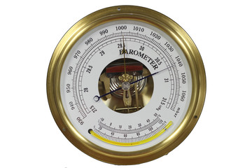 Old round barometer meter isolated over white background - obrazy, fototapety, plakaty