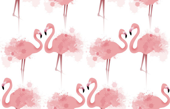 Seamless texture with delicate pink flamingos with watercolor splashes. Vector background fabric, wallpaper, background for your site and your creativity