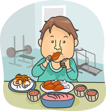 man eating fried chicken in gym setting clip art preview
