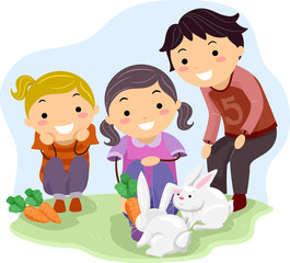 Stickman Kids Feeding Rabbits